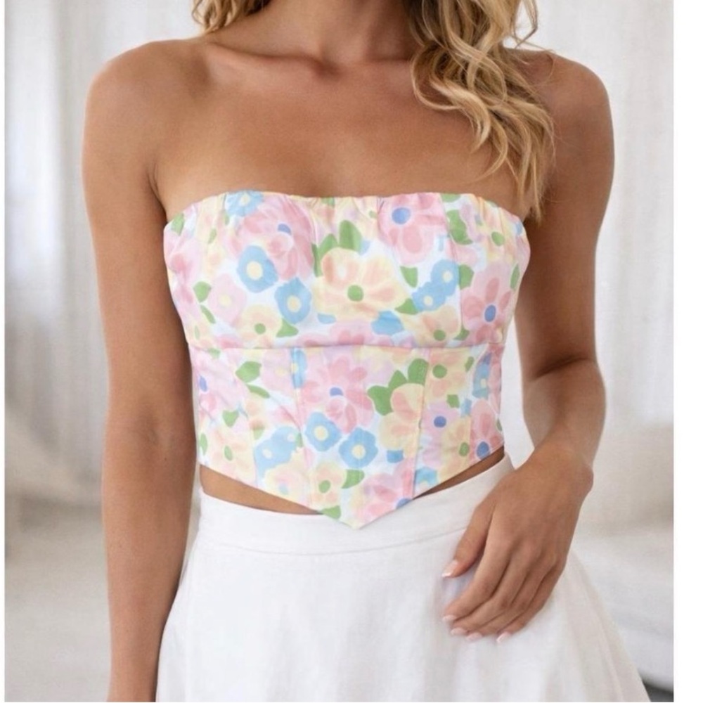 Princess Polly Strapless Floral Print Crop Top - Pastel Pink